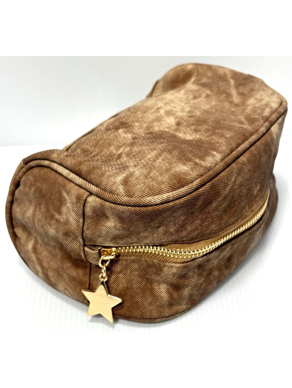 Brown Acid Wash Cosmetic Bag Makeup Pouch with Gold Star Zipper Pull -New